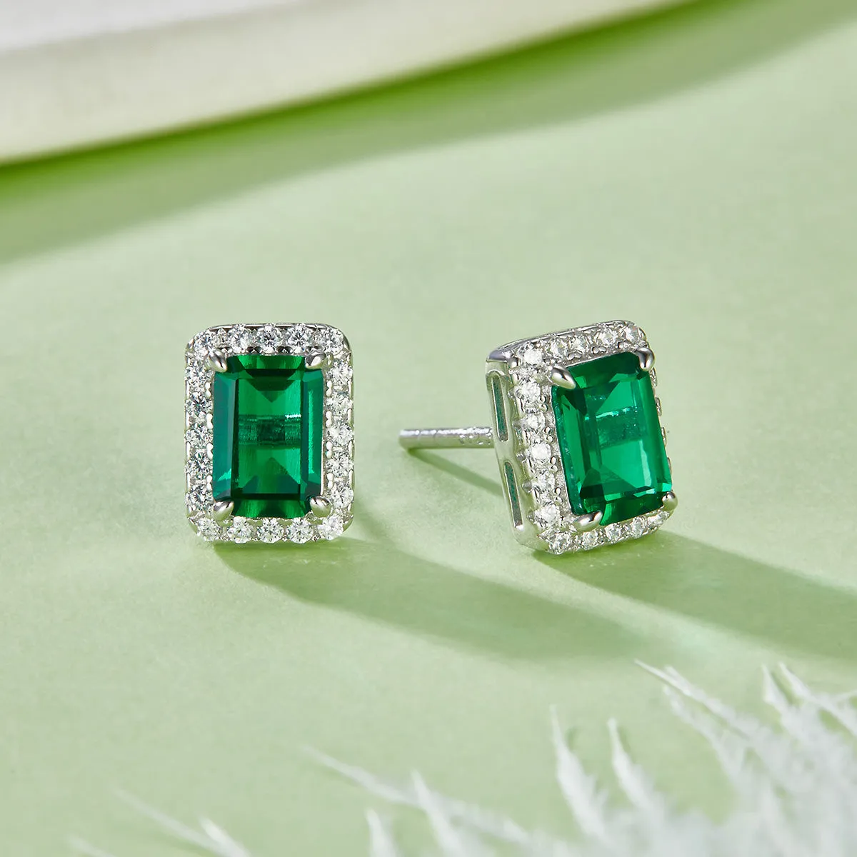 2.0 Carat Rectangular Lab-Created Colored Gemstone Halo Stud Earrings in S925 Silver-Plated Platinum