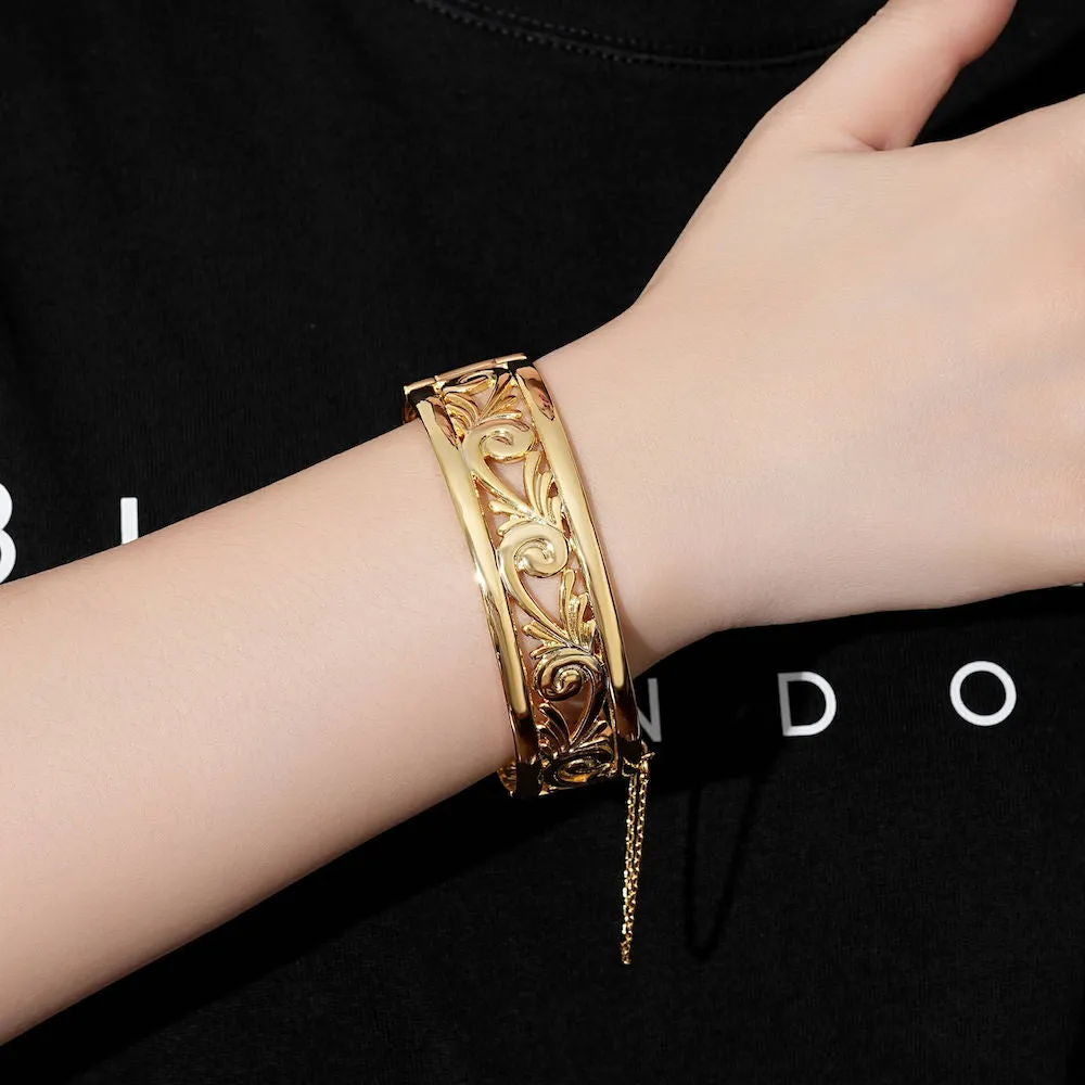 20mm Gold Filigree Bangle Bracelet with Safety Chain