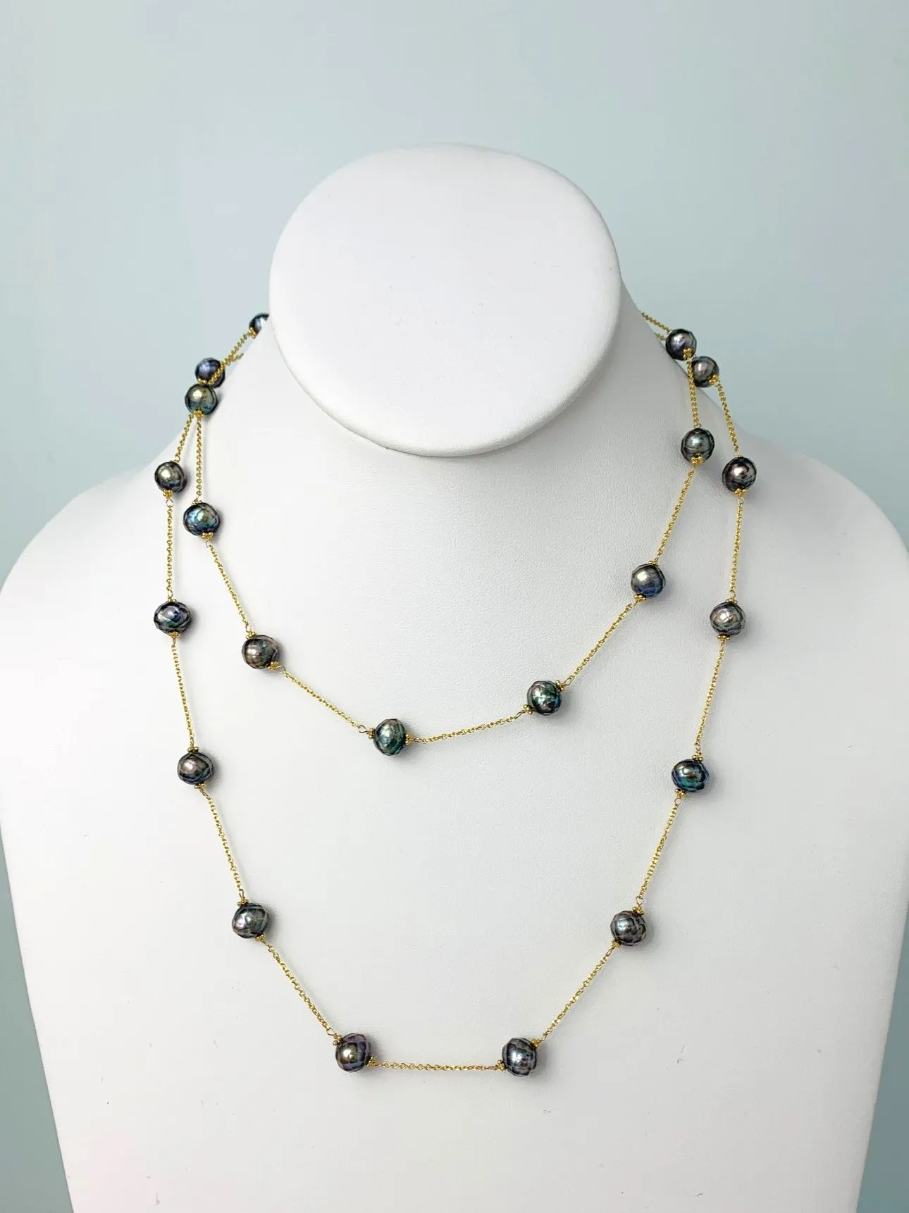 36" Faceted Peacock Freshwater Pearl Station Necklace in 14KY - NCK-638-TNCPRL14Y-PCK-36