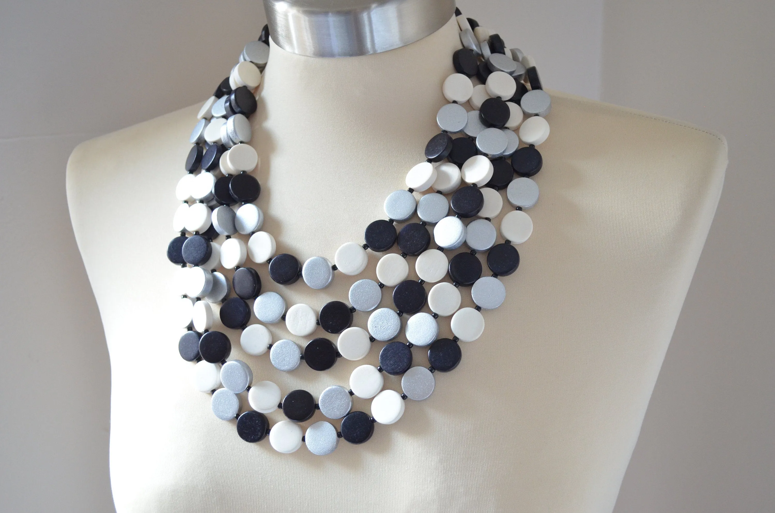 Black Silver White Wood Beaded Multi Strand Statement Necklace - Charlotte