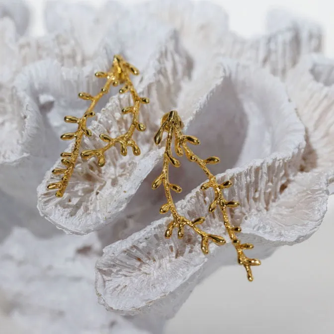 Coral Drop Gold Statement Earrings