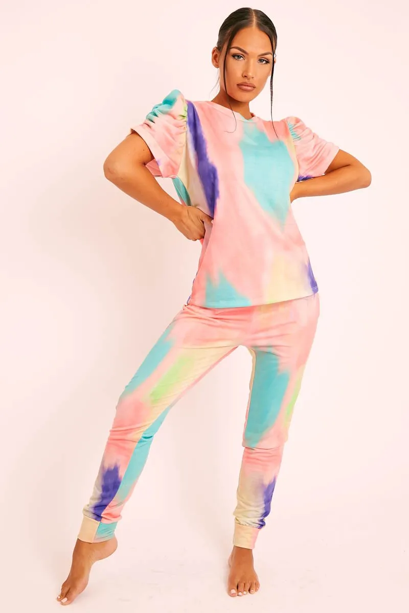 Coral Tie Die Puff Sleeve Loungewear Co-ord - Okla