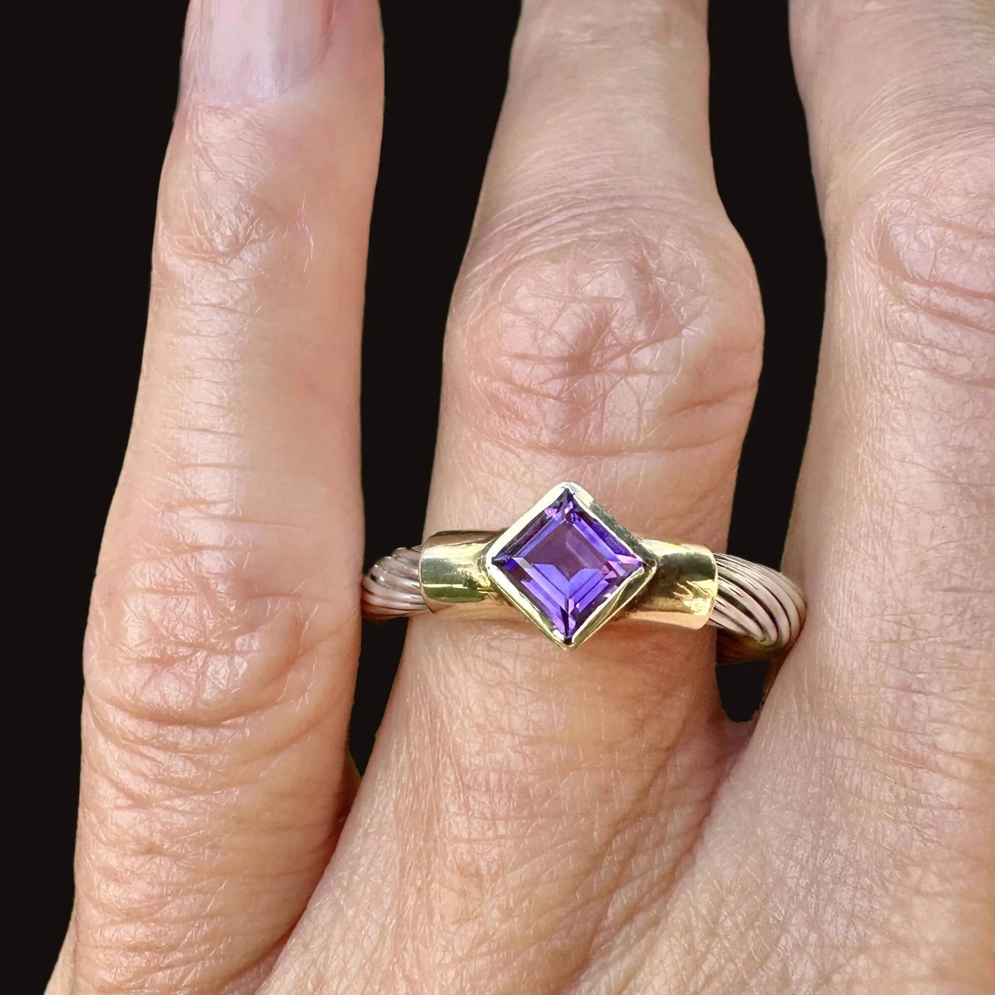 David Yurman Style 14K Gold Silver Wire Amethyst Ring Band