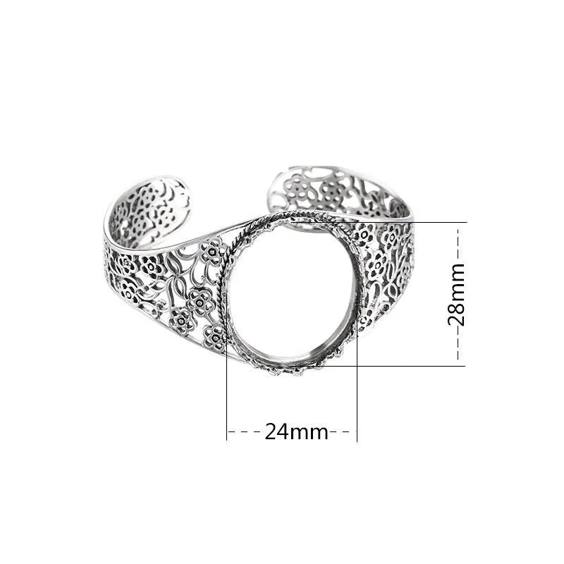 Ethnic Flower Oval Mount Bracelet Blank Setting Sterling Silver Fine 925 28x24mm For One Stone Adjustable No Prongs DIY Jewelry Wholesale