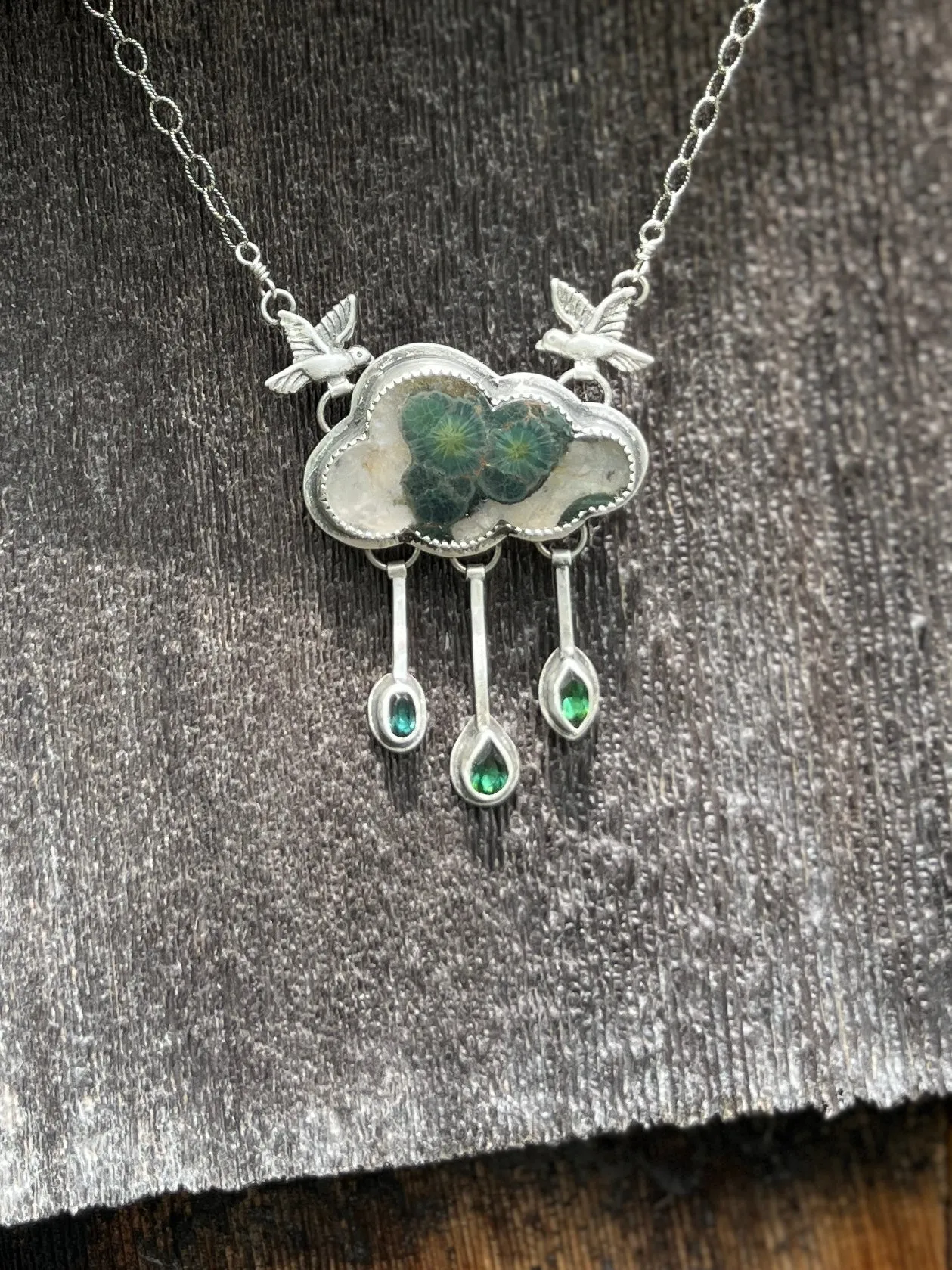 Green Cloud Necklace with Tourmaline Raindrops