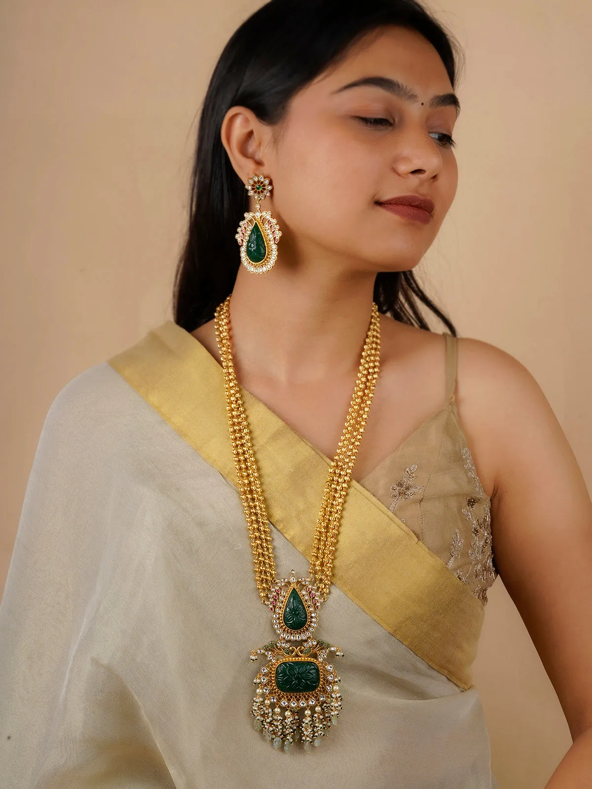 Green Color Gold Plated Jadau Kundan Necklace Set - MS1403GR