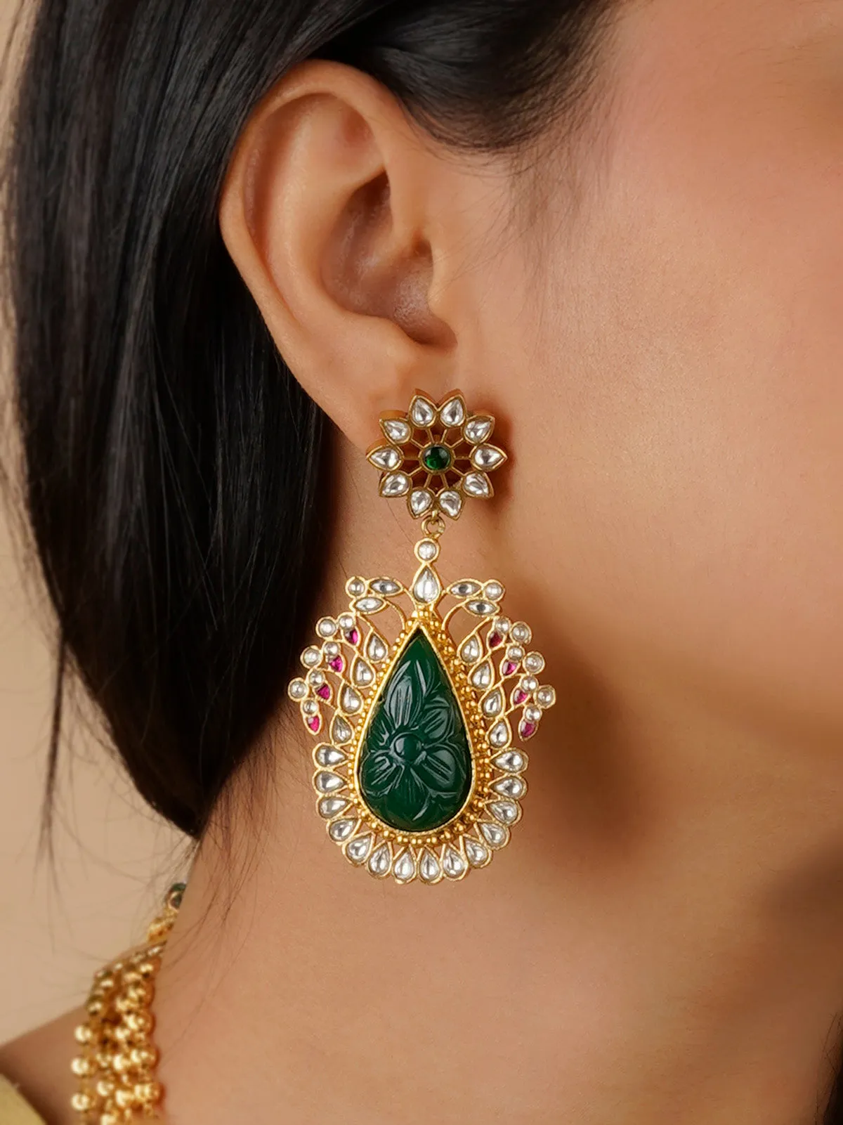 Green Color Gold Plated Jadau Kundan Necklace Set - MS1403GR