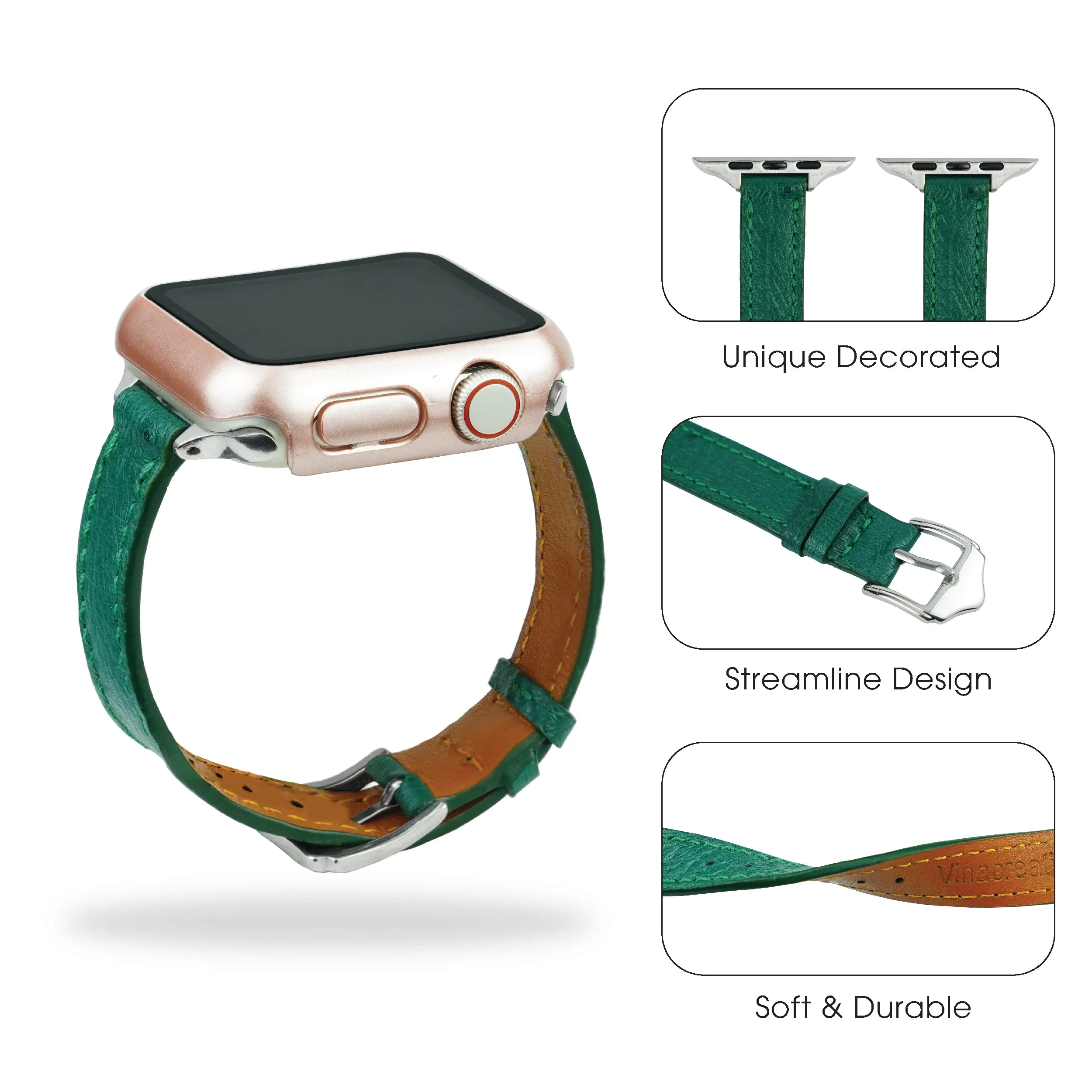 Green Flat Ostrich Leather Band Compatible Apple Watch Iwatch 42mm Screen Protector Case Silver Adapter Replacement Strap For Smartwatch Series 1 2 3 Leather Handmade AW-188S-W-42MM