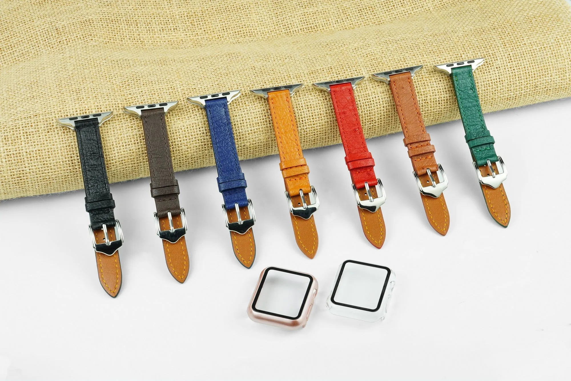 Green Flat Ostrich Leather Band Compatible Apple Watch Iwatch 42mm Screen Protector Case Silver Adapter Replacement Strap For Smartwatch Series 1 2 3 Leather Handmade AW-188S-W-42MM