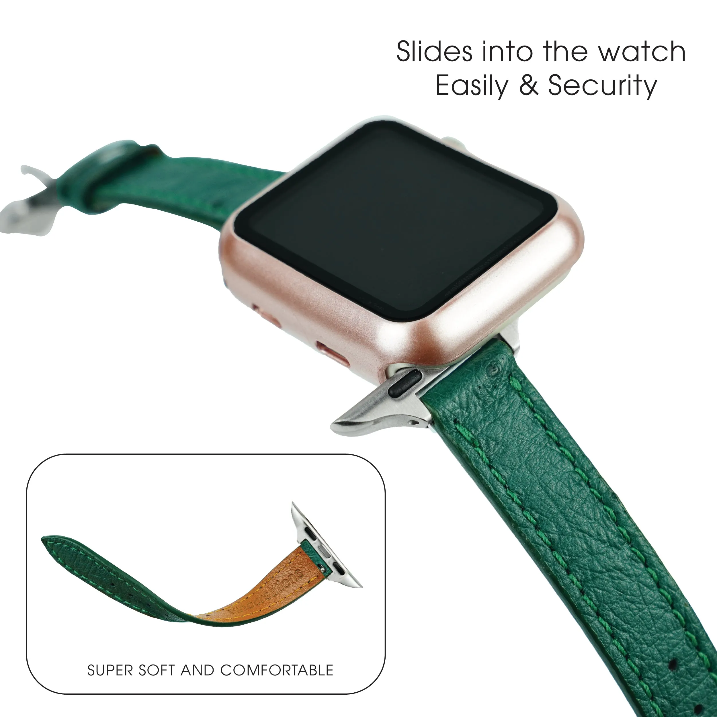 Green Flat Ostrich Leather Band Compatible Apple Watch Iwatch 42mm Screen Protector Case Silver Adapter Replacement Strap For Smartwatch Series 1 2 3 Leather Handmade AW-188S-W-42MM