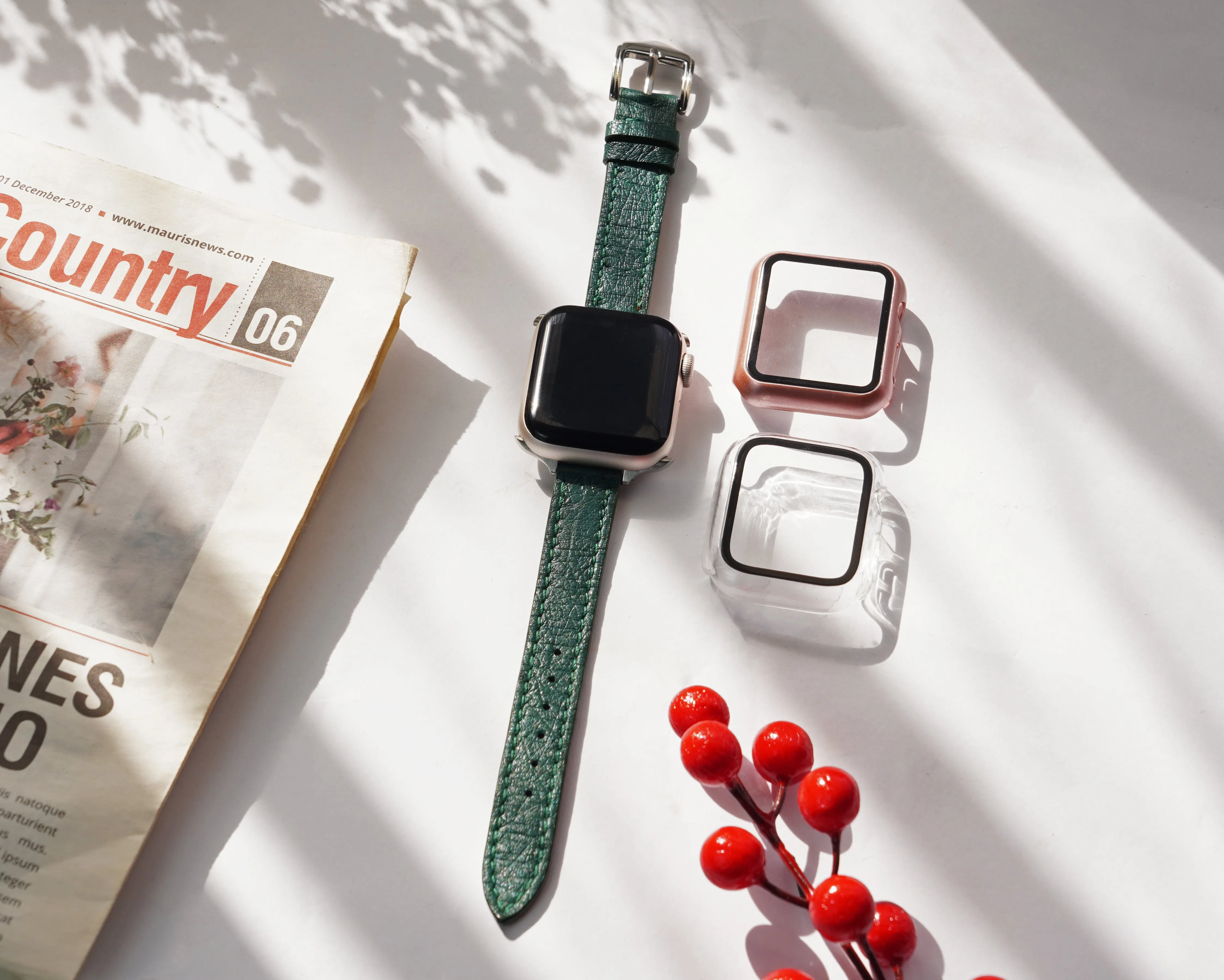 Green Flat Ostrich Leather Band Compatible Apple Watch Iwatch 42mm Screen Protector Case Silver Adapter Replacement Strap For Smartwatch Series 1 2 3 Leather Handmade AW-188S-W-42MM