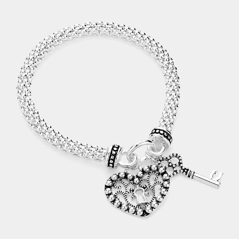 Heart and Key Filigree Bracelet