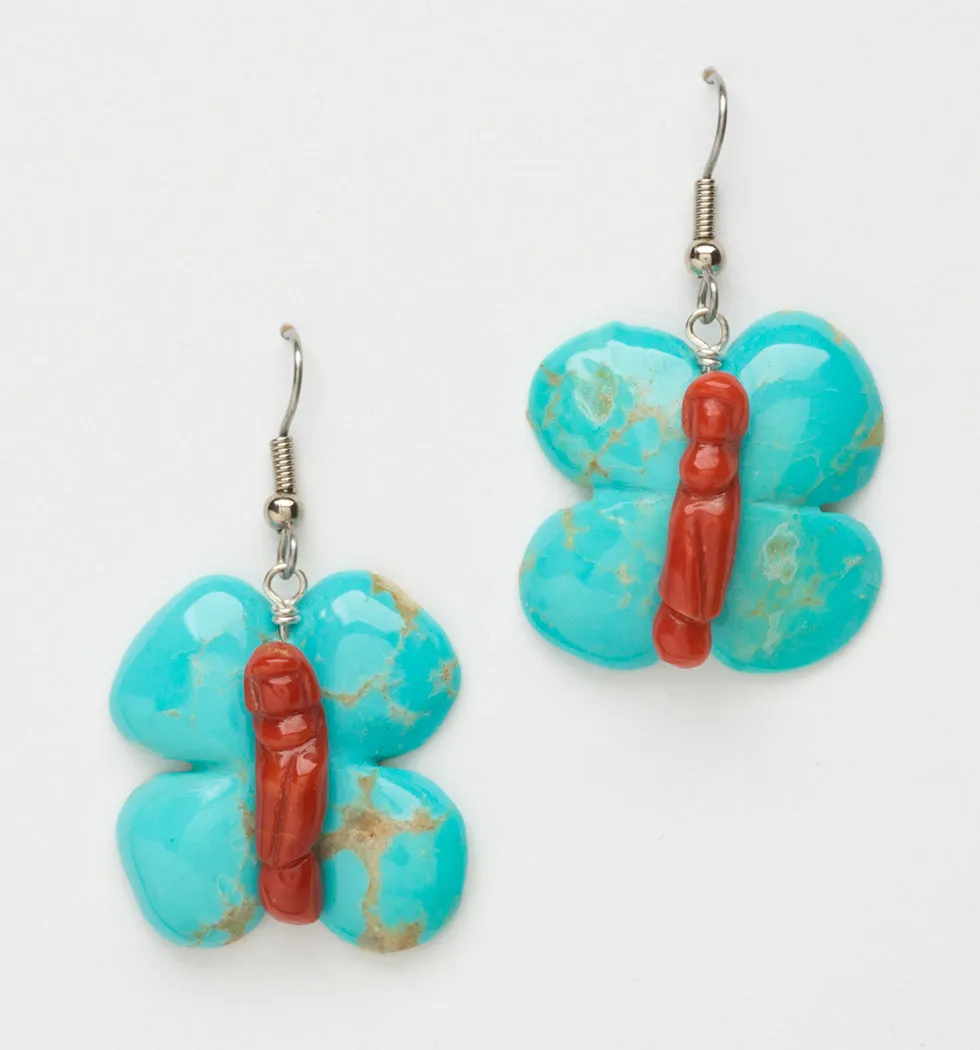 Kingman Turquoise & Natural Branch Red Coral Butterfly Maiden Earrings
