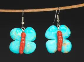 Kingman Turquoise & Natural Branch Red Coral Butterfly Maiden Earrings