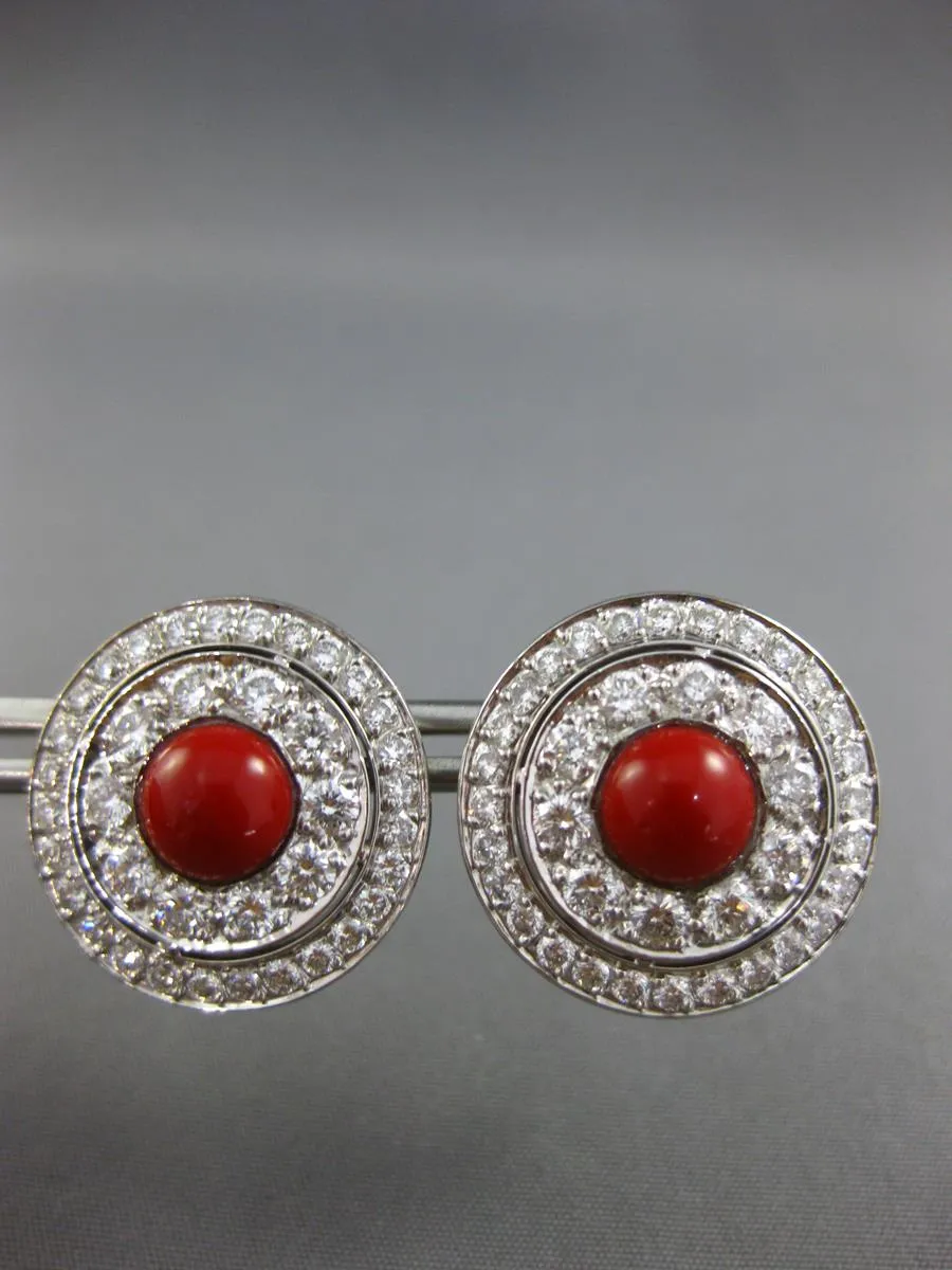 LARGE 3.0CT DIAMOND & AAA CORAL 18KT WHITE GOLD ROUND CLIP ON HANGING EARRINGS