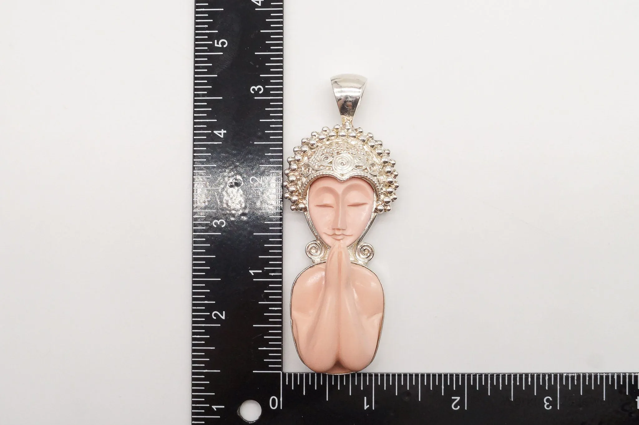 Large Vintage Carved Coral Goddess Sterling Silver Pendant