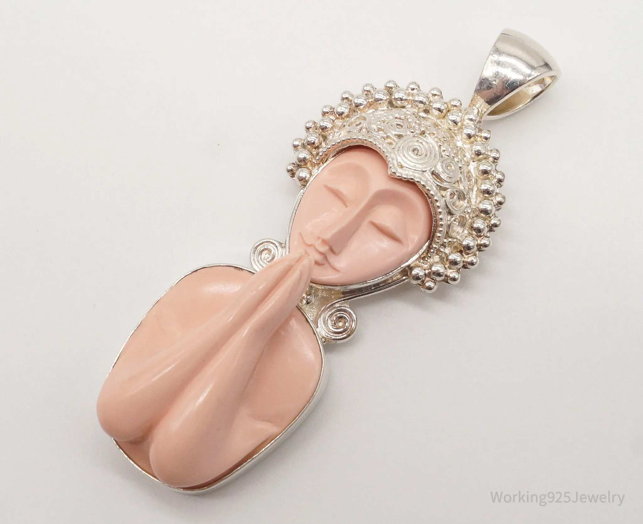 Large Vintage Carved Coral Goddess Sterling Silver Pendant