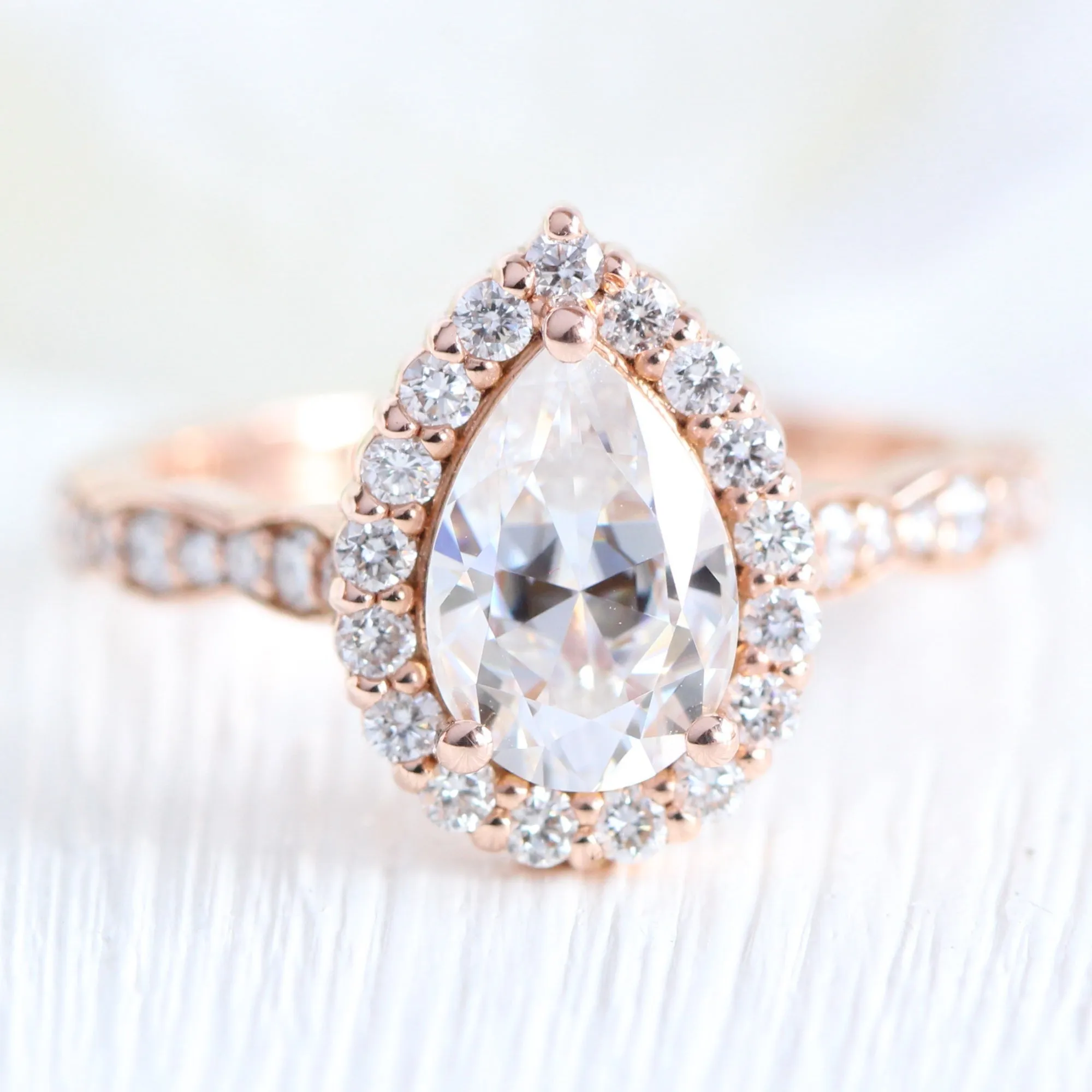 Luna Halo Pear Ring Bridal Set w/ Moissanite and Scalloped Diamond Band