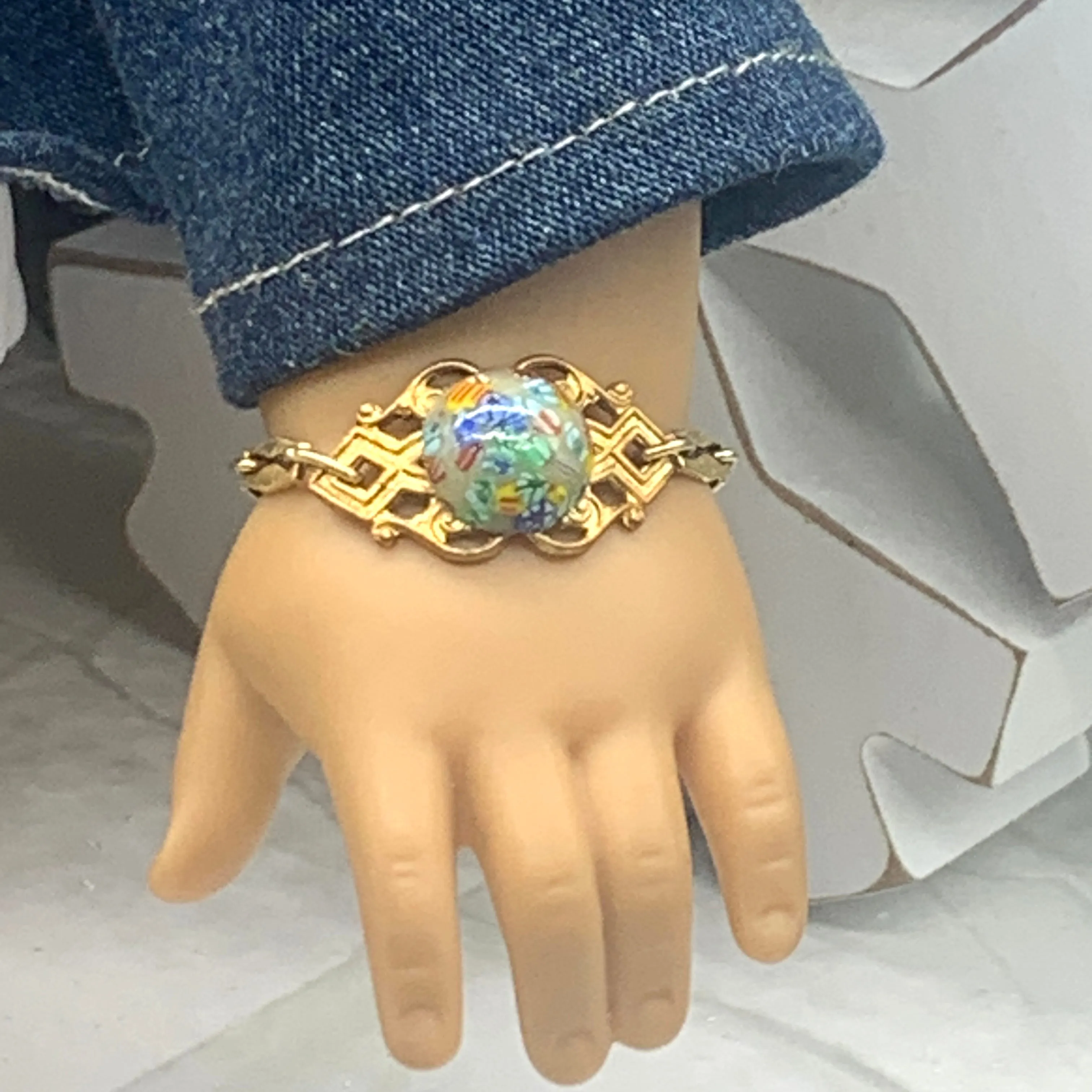 Multi Color Flower Design Gold Filigree Doll Bracelet •18” Fashion Doll Jewelry