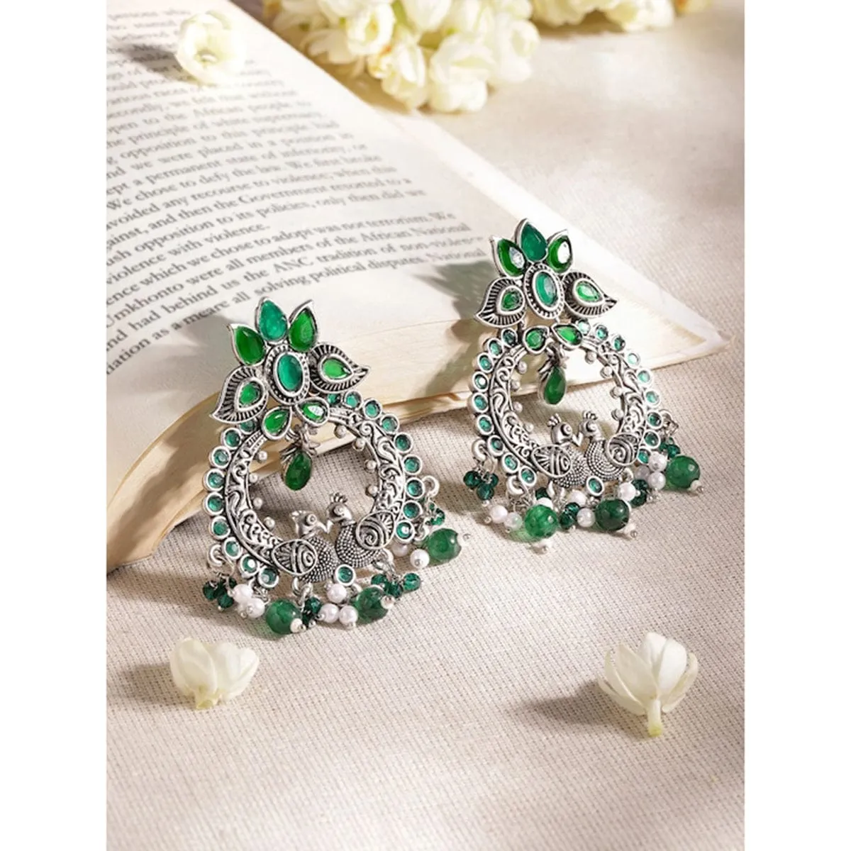 Oxidized Silver Emerald green stone studded pearl beaded statement earrings