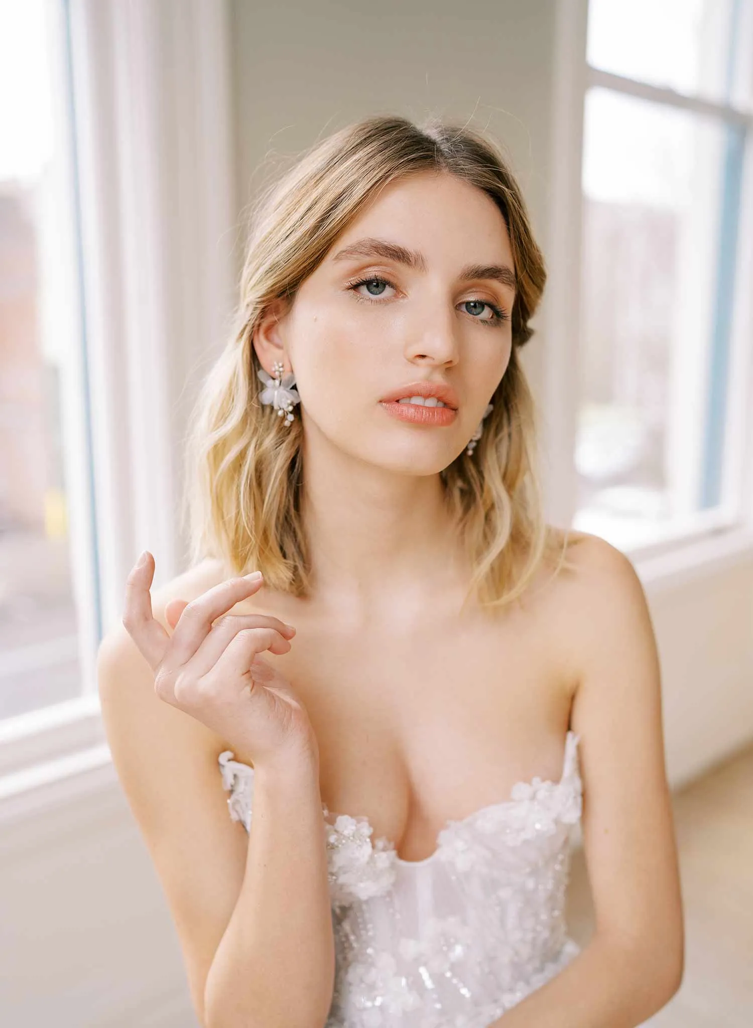 Pearl burst and silk blossom earrings, petite - Style #2433