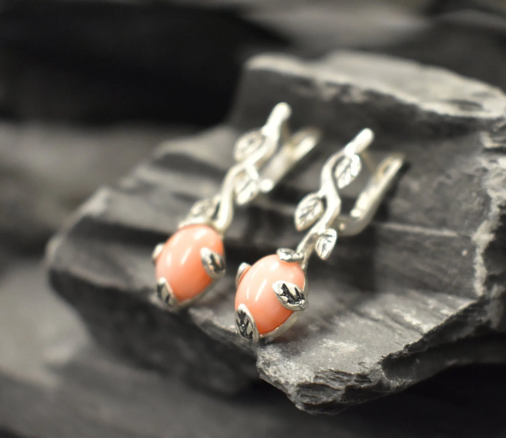 Pink Leaf Earrings - Natural Coral Earrings - Vintage Drop Earrings