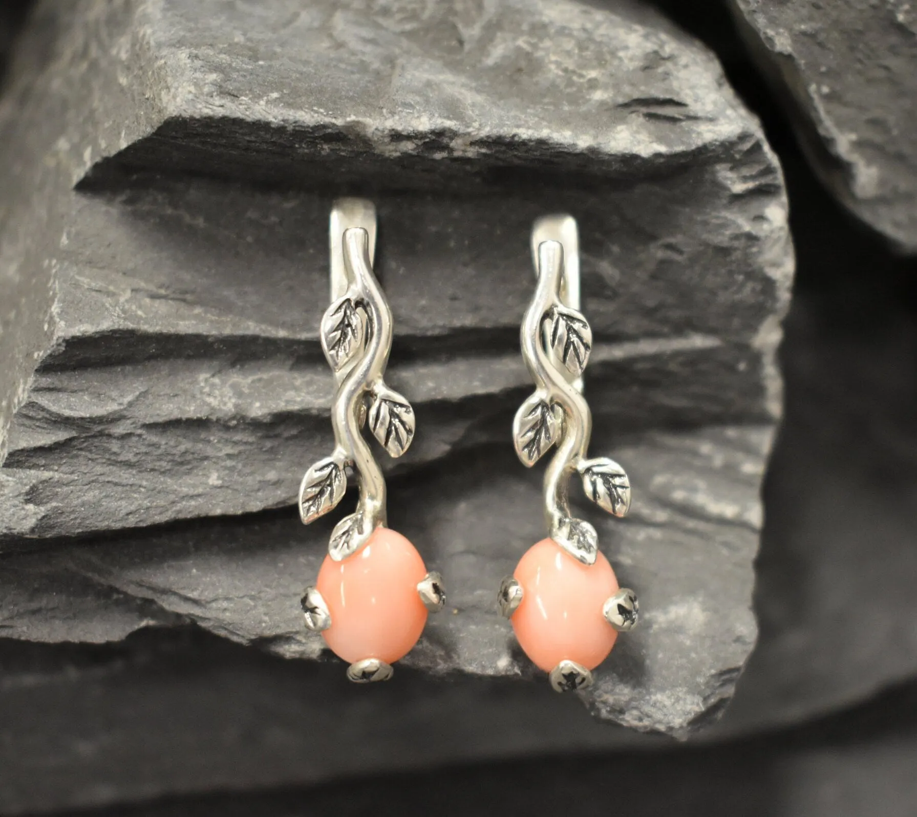 Pink Leaf Earrings - Natural Coral Earrings - Vintage Drop Earrings