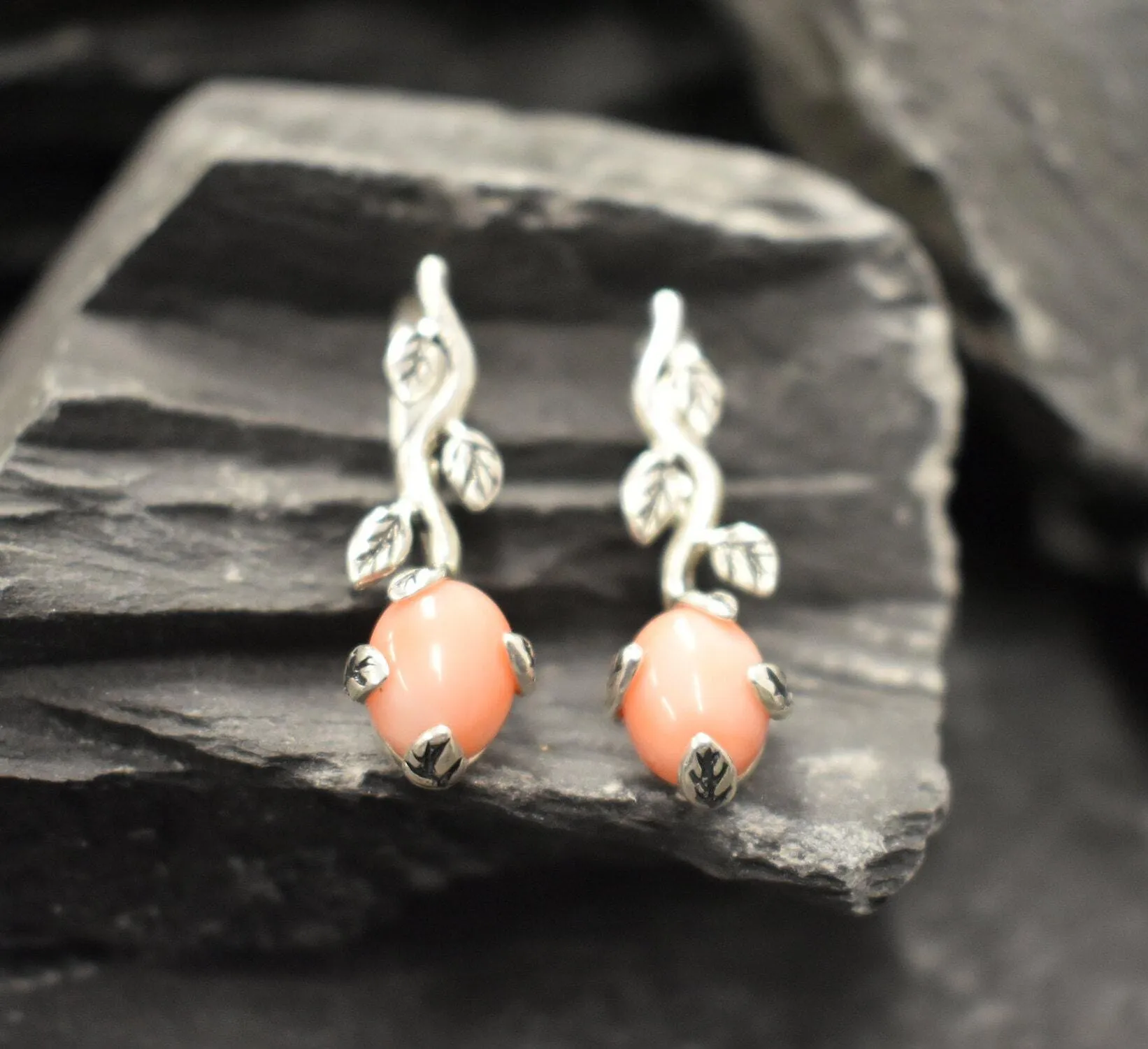 Pink Leaf Earrings - Natural Coral Earrings - Vintage Drop Earrings