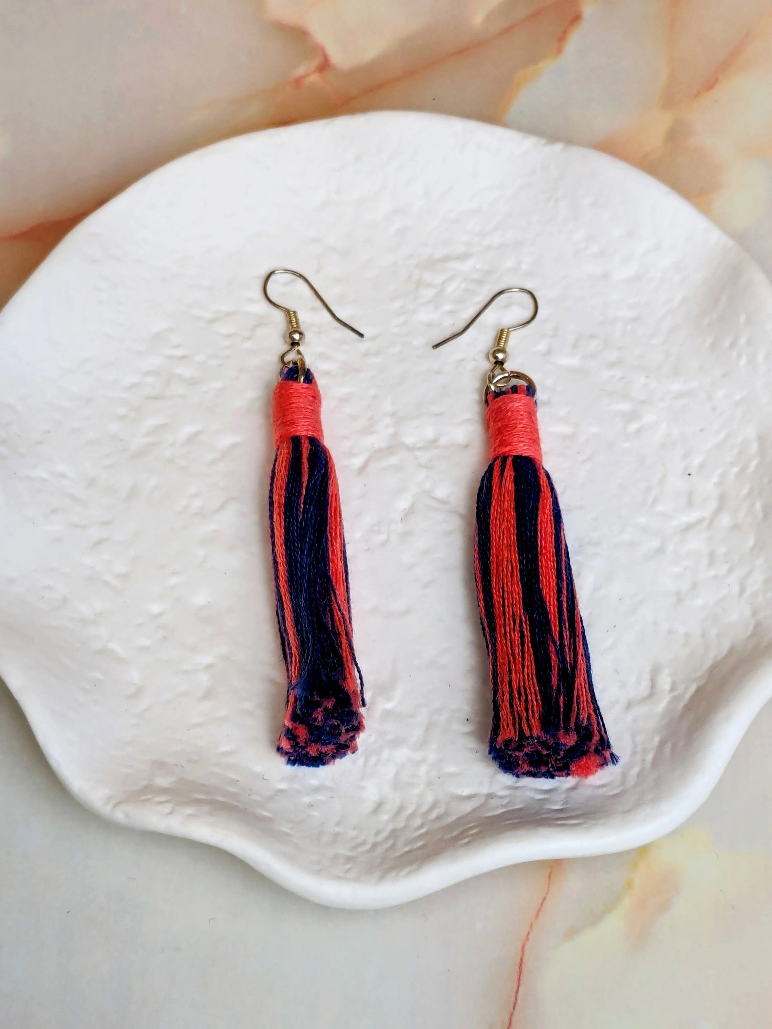 "Aurora " Coral and Indigo with Coral Contrast Wrap Tassel Earrings