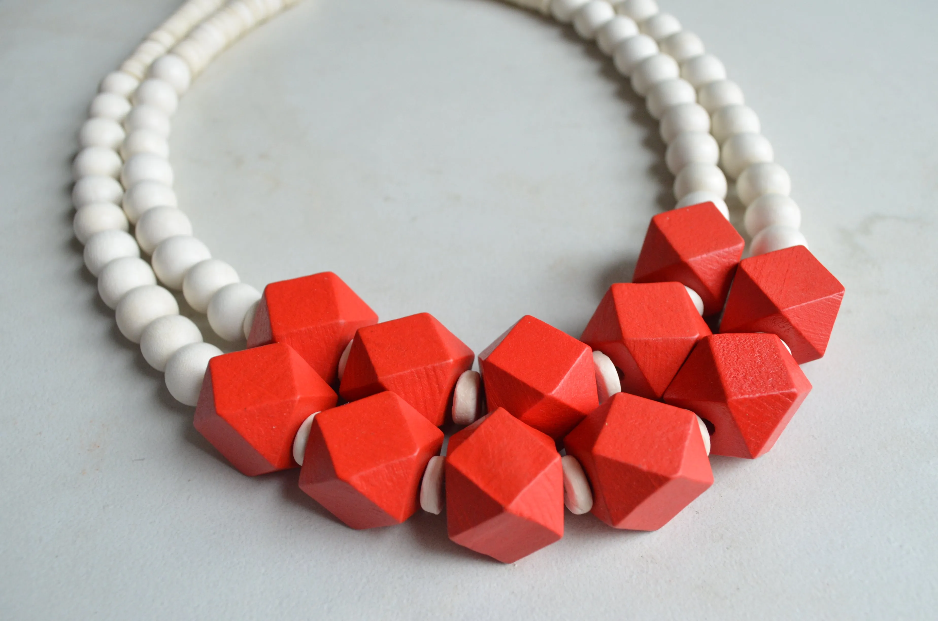 Red White Wood Chunky Multi Strand Beaded Statement Necklace - Riley