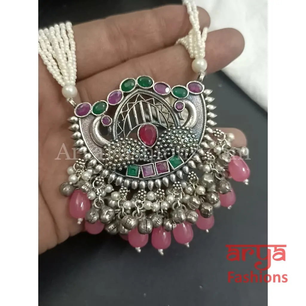 Samika Oxidized Silver Pearl Necklace with Pendant