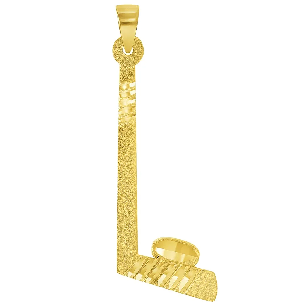 Solid 14k Yellow Gold Ice Hockey Stick and Puck Sports Pendant Necklace