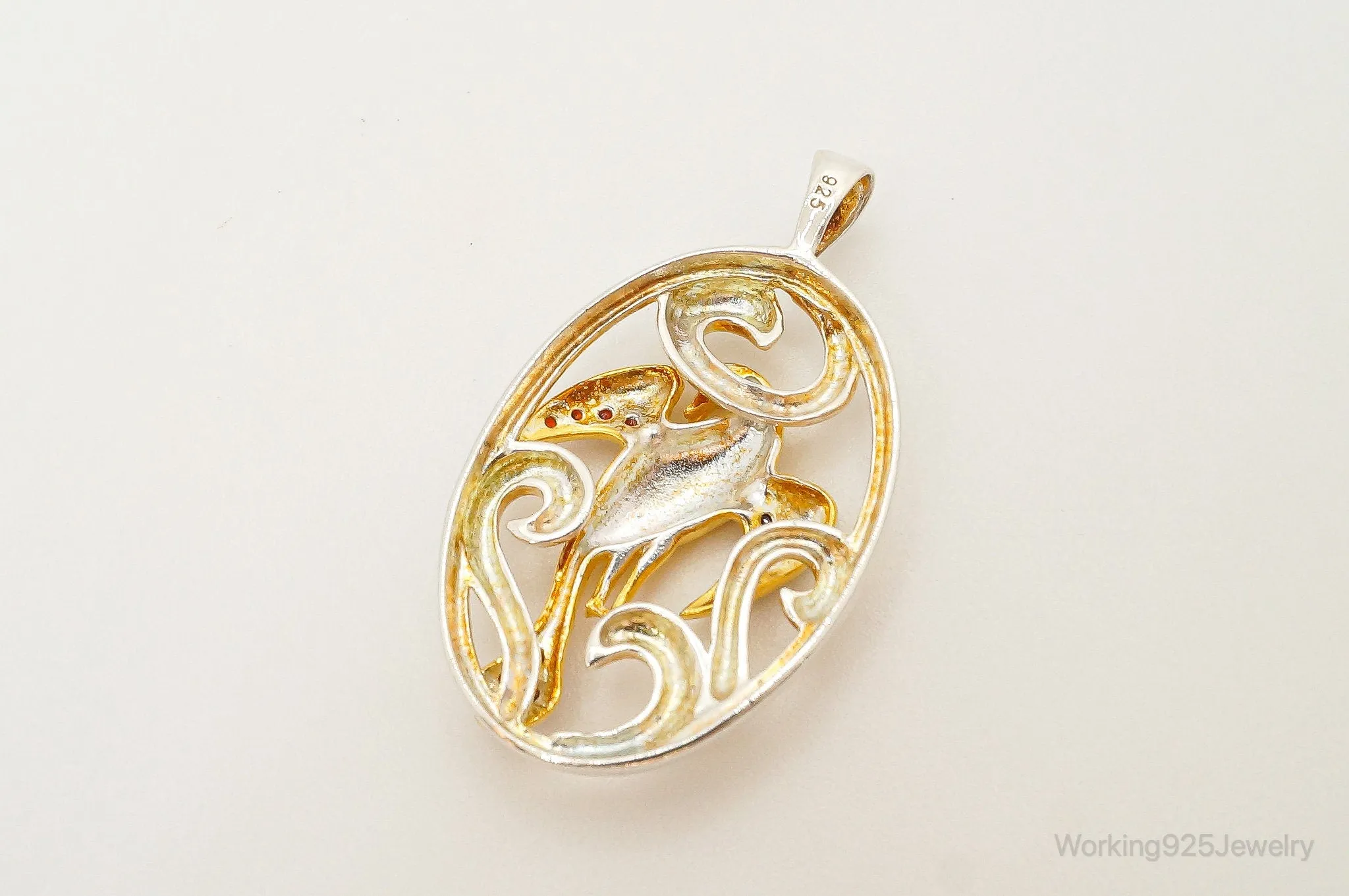 Vintage Garnet Bird Cut Out Gold Vermeil Sterling Silver Necklace Pendant