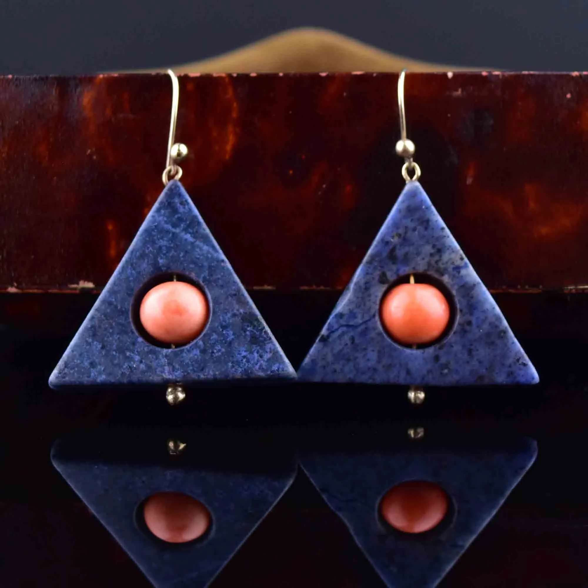 Vintage Geometric Coral Blue Agate Drop Earrings