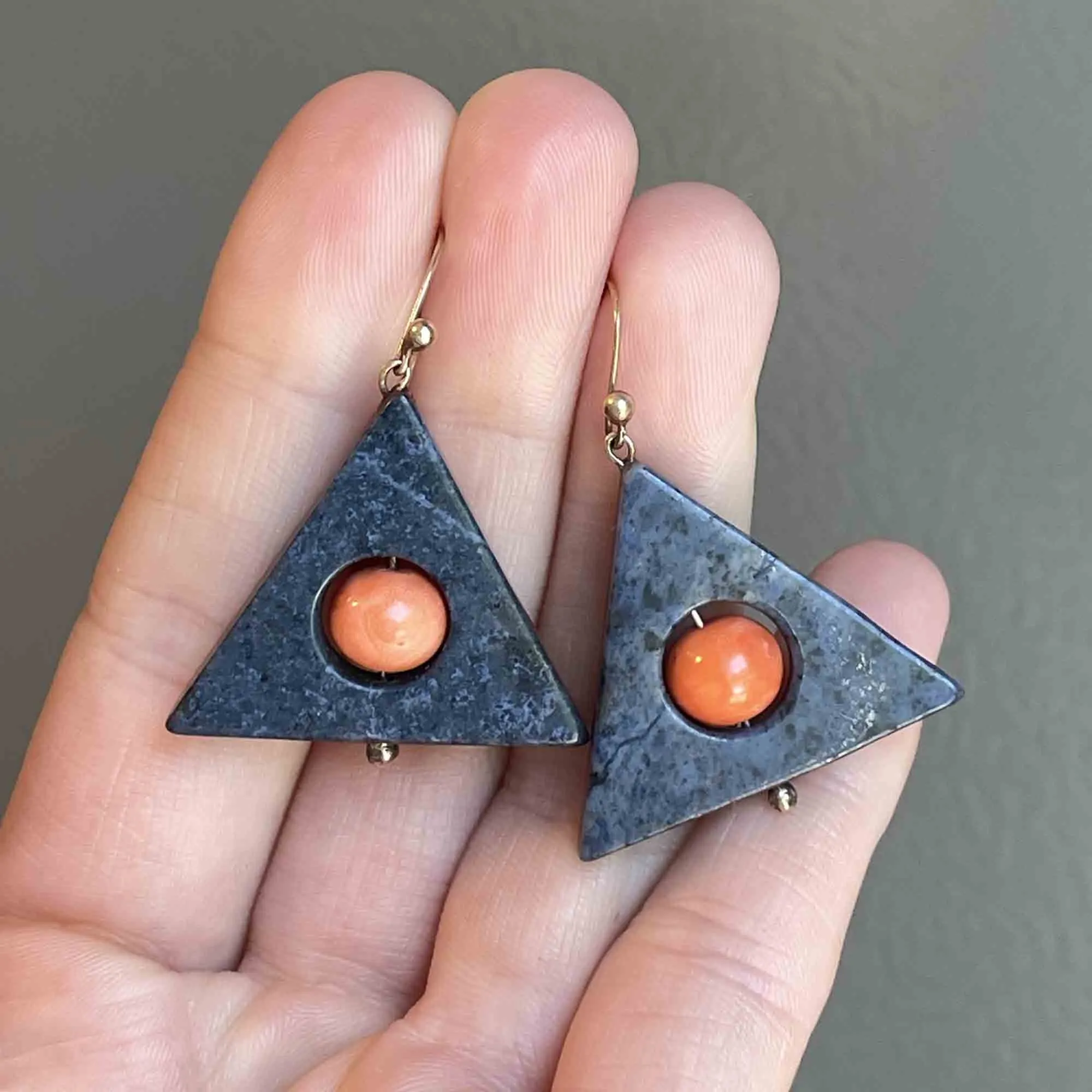 Vintage Geometric Coral Blue Agate Drop Earrings