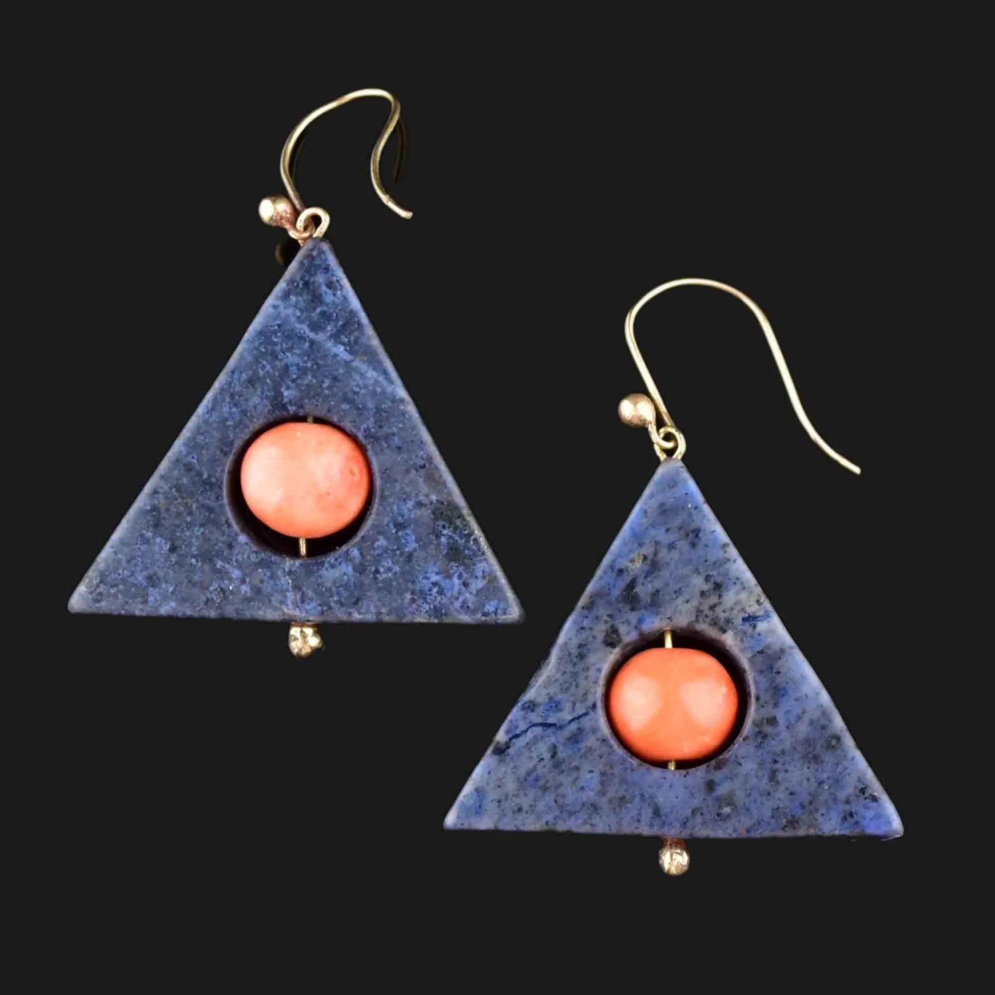 Vintage Geometric Coral Blue Agate Drop Earrings