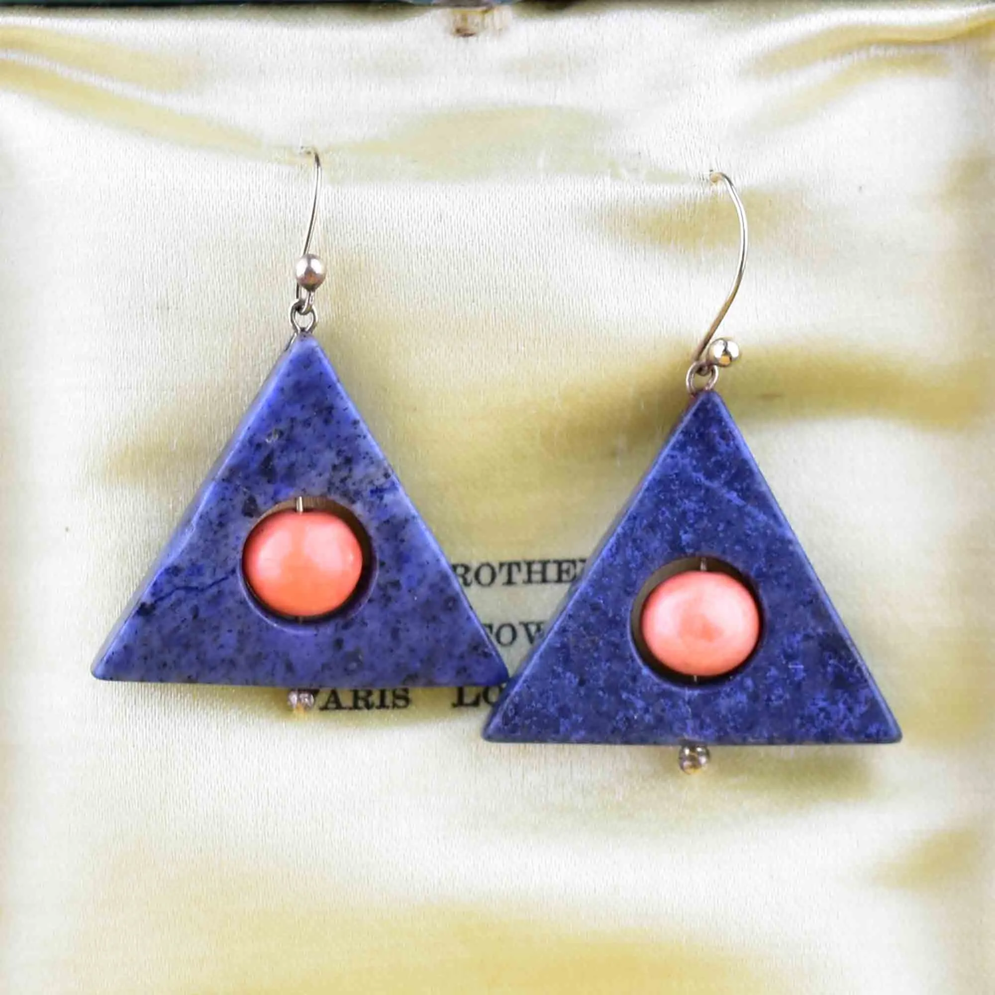 Vintage Geometric Coral Blue Agate Drop Earrings