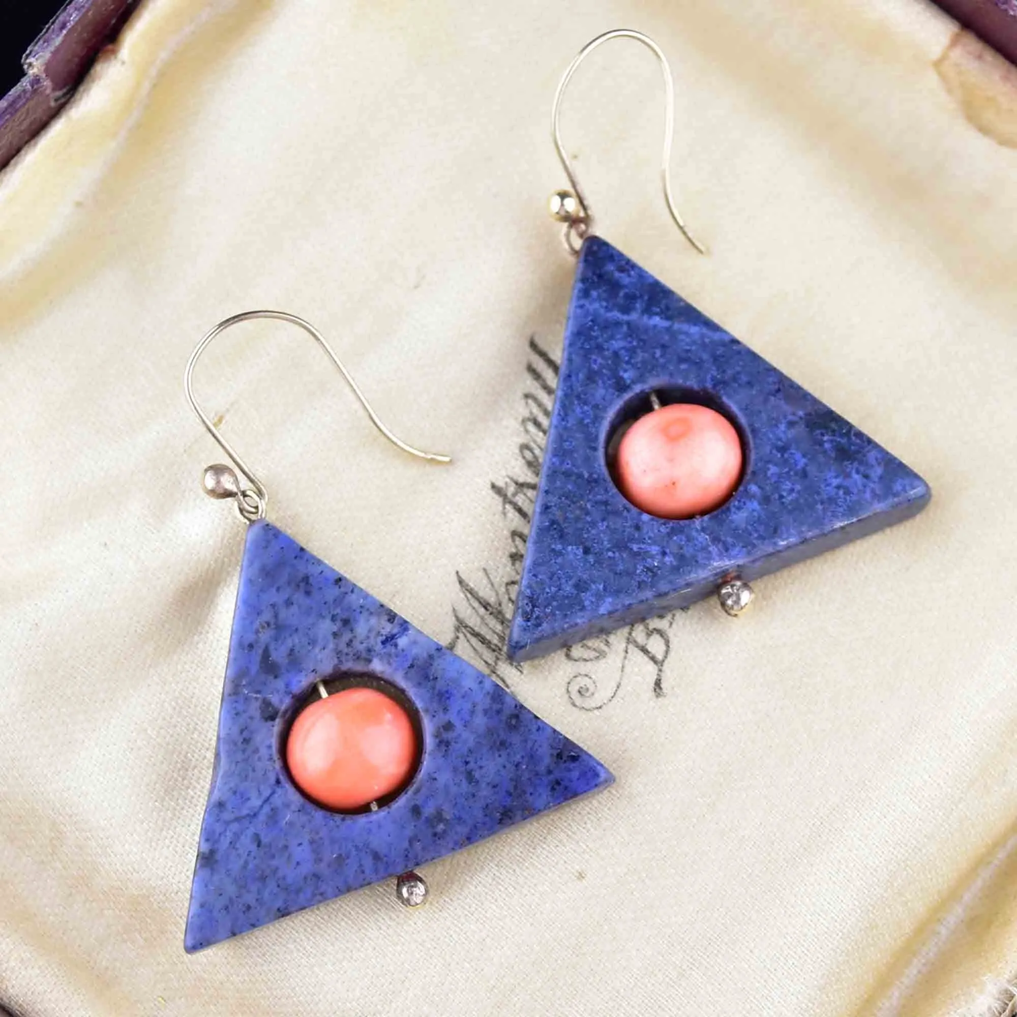 Vintage Geometric Coral Blue Agate Drop Earrings